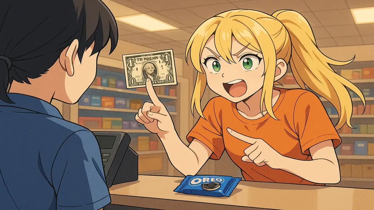 गैस स्टेशन पर ओरेओ के पैकेट के साथ खड़ी सुनहरे बालों वाली महिला का एनीमे चित्रण, मूल्य धारणाओं का प्रतिनिधित्व करता है।