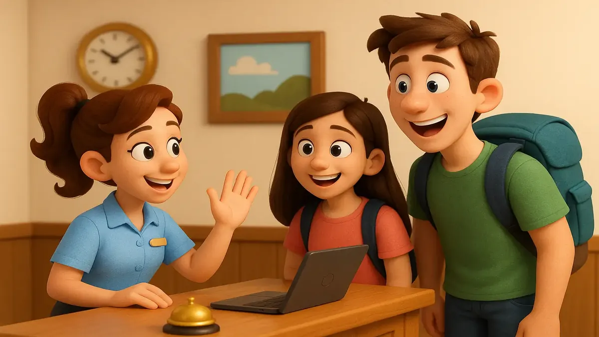 समुद्र तट की छुट्टी के दौरान दो युवा वयस्कों की सहायता कर रहे फ्रंट डेस्क एजेंट की कार्टून 3D छवि।