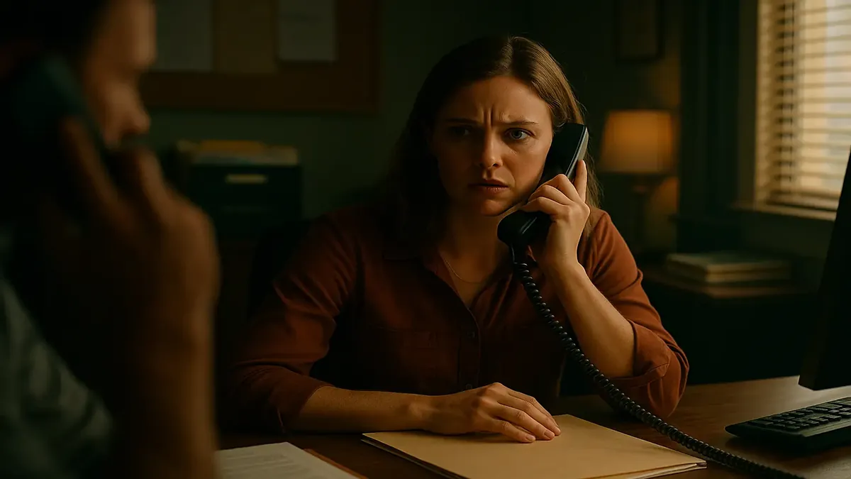 एक हैरान मां का चलचित्रात्मक चित्रण, जो अपने बच्चों के स्कूल रजिस्ट्रेशन की समस्याओं के बारे में कॉल ले रही है।