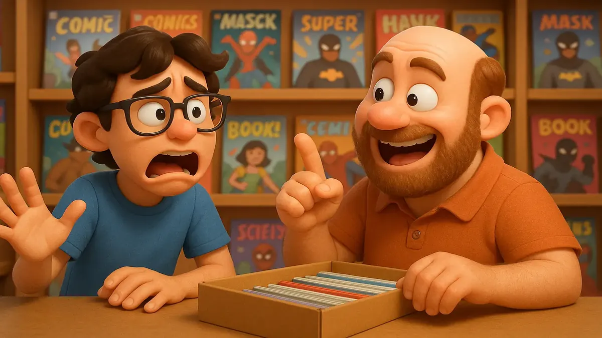 कॉमिक दुकान के दृश्य में ग्राहक और दुकानदार Stargate पर चर्चा कर रहे हैं।