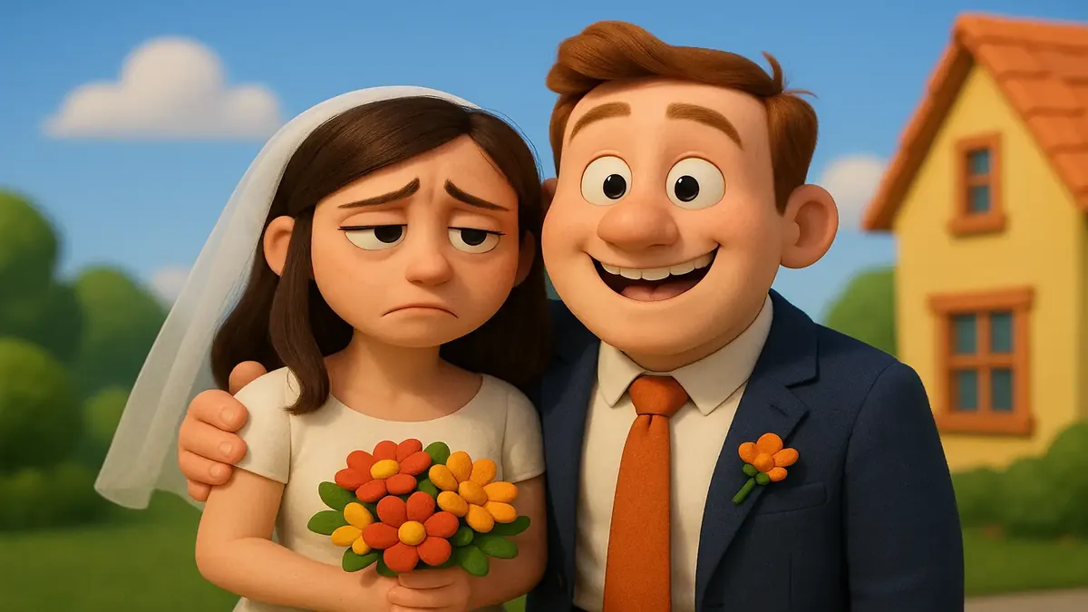 केविन के साथ अपने विवाह पर विचार करती महिला का कार्टून-3डी चित्रण, भावनाओं और घर की यादों को दर्शाता है।