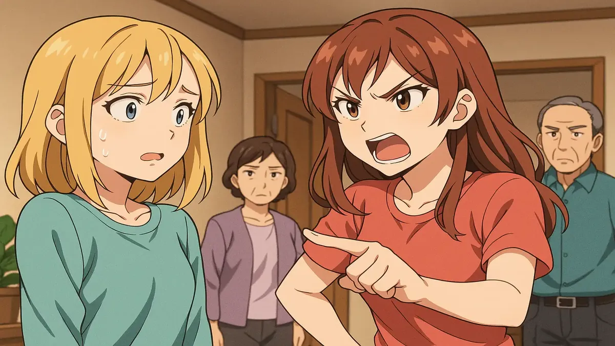 एक एनीमे चित्र जिसमें एक निराश रूममेट अपने धोखेबाज़ दोस्त का सामना कर रहा है, जो किराया नहीं चुका रहा है।