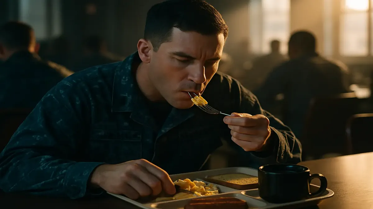 नौसेना के चाउ हॉल में भव्य नाश्ते का सिनेमाई दृश्य, दोस्ती और सुबह की ऊर्जा को दर्शाता है।