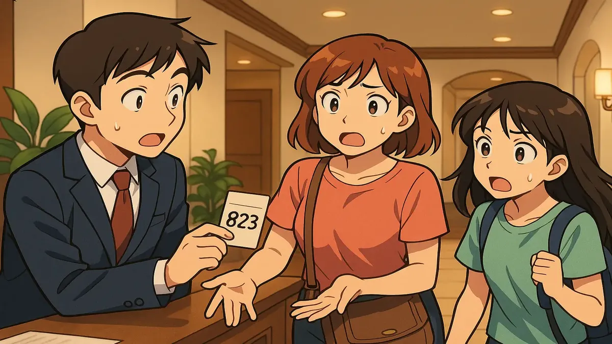 एक एनिमे-शैली की चित्रकला जिसमें होटल चेक-इन के दौरान उलझन में मेहमान और एक रिसेप्शनिस्ट कमरे की चाबी दे रहा है।