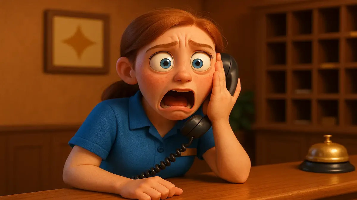 काम पर एक होटल रिसेप्शनिस्ट को डरावनी फोन कॉल मिलते हुए 3D कार्टून चित्रण