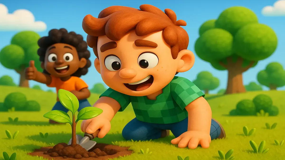 पेड़ गायब होते और नए पेड़ उगते हुए, Minecraft परिदृश्य का कार्टून-3D चित्रण, परिवर्तन का प्रतीक।