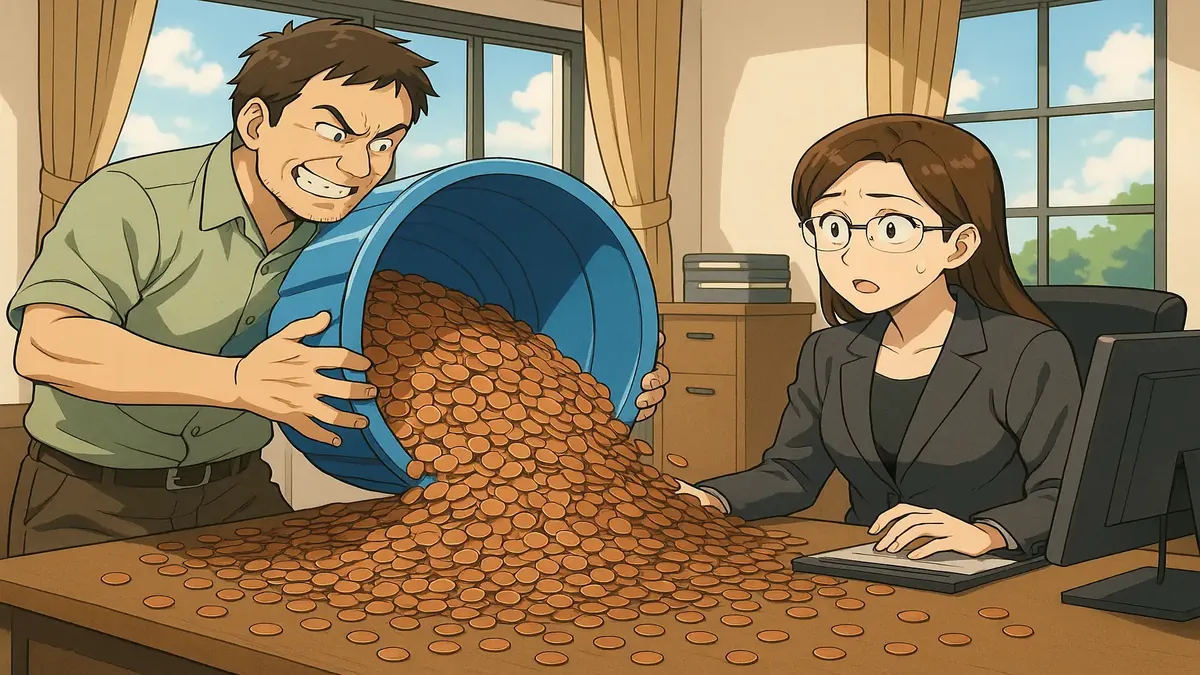 पालेरमो, मेन में एक आदमी की हास्यपूर्ण एनीमे-शैली की चित्रण जो सिक्कों के पूल के साथ जुर्माना चुका रहा है।