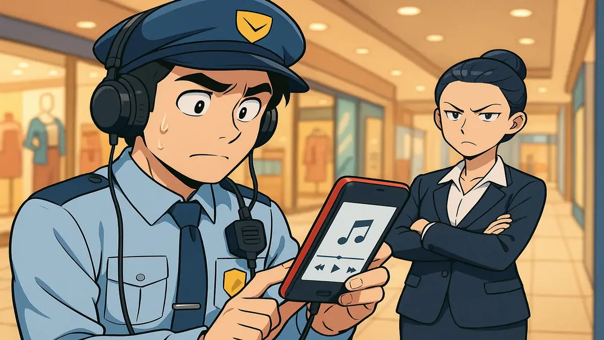 एनिमे शैली का दरवाजा स्वागतकर्ता खुशी से शॉपिंग सेंटर के लिए संगीत चुन रहा है, चारों ओर रंगीन ध्वनि तरंगें हैं।