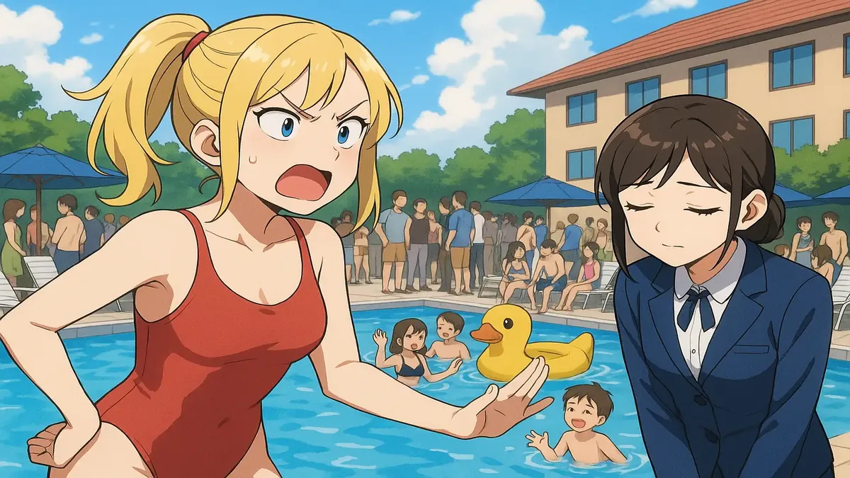 एक जीवंत पूल के दृश्य की एनीमे-शैली की चित्रण, जिसमें मेहमान सप्ताहांत की छुट्टियों का आनंद ले रहे हैं।