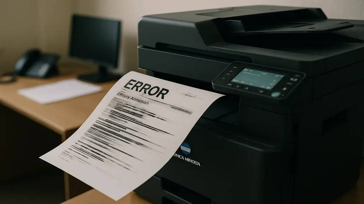 कार्यालय में अन्य कार्यों के लिए कतार को अवरुद्ध करते हुए, गलती वाले प्रिंट कार्य प्रदर्शित कर रहा कोनिका मिनोल्टा प्रिंटर।