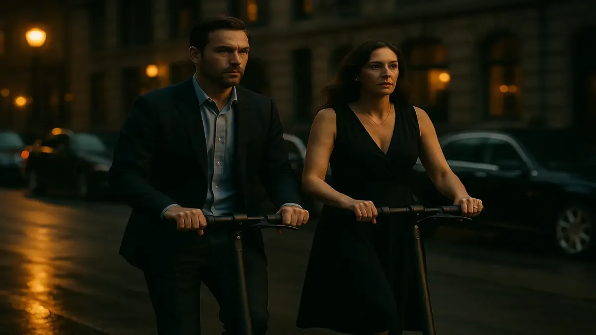 मिल्वौकी में स्कूटर चलाते एक जोड़े का सिनेमाई दृश्य, शहरी अन्वेषण की खुशी को दर्शाता है।