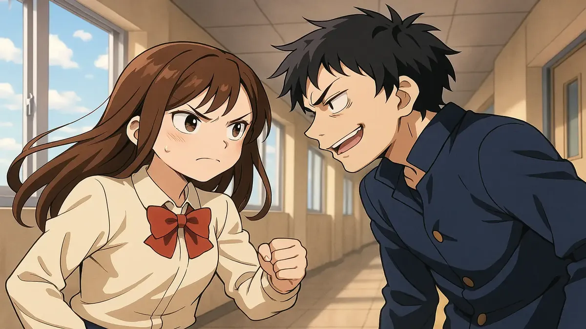 एक लड़की का एनीमे चित्र जो एक लड़के का सामना कर रही है, मध्य विद्यालय में उत्पीड़न के खिलाफ संघर्ष का प्रतीक।