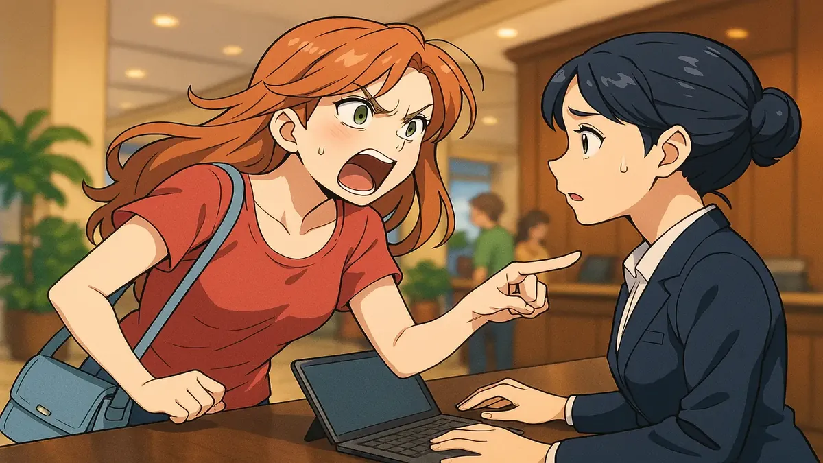 महासागरीय दृश्य के साथ माउई टाइमशेयर रिसॉर्ट का एनीमे चित्रण, कमरे की उपलब्धता पर मेहमानों की उत्साह और निराशा को दर्शाता है।