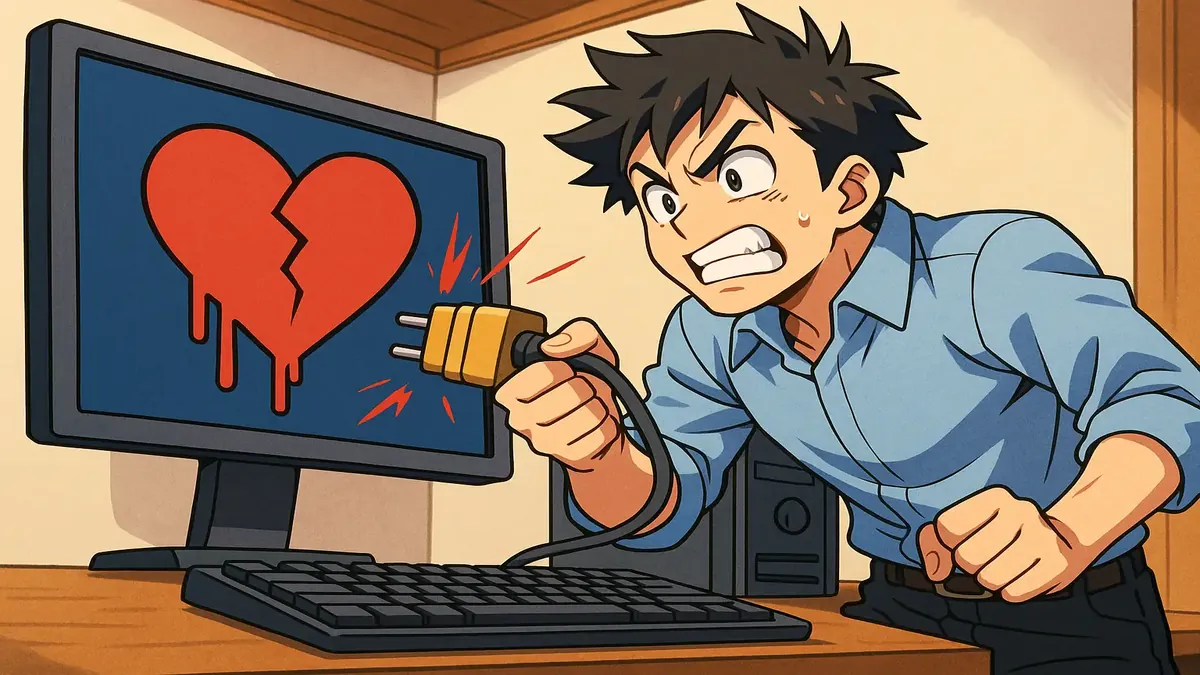 2014 में हार्टब्लीड बग संकट के दौरान तकनीकी समस्याओं का समाधान करते हुए एनिमे चित्रण।