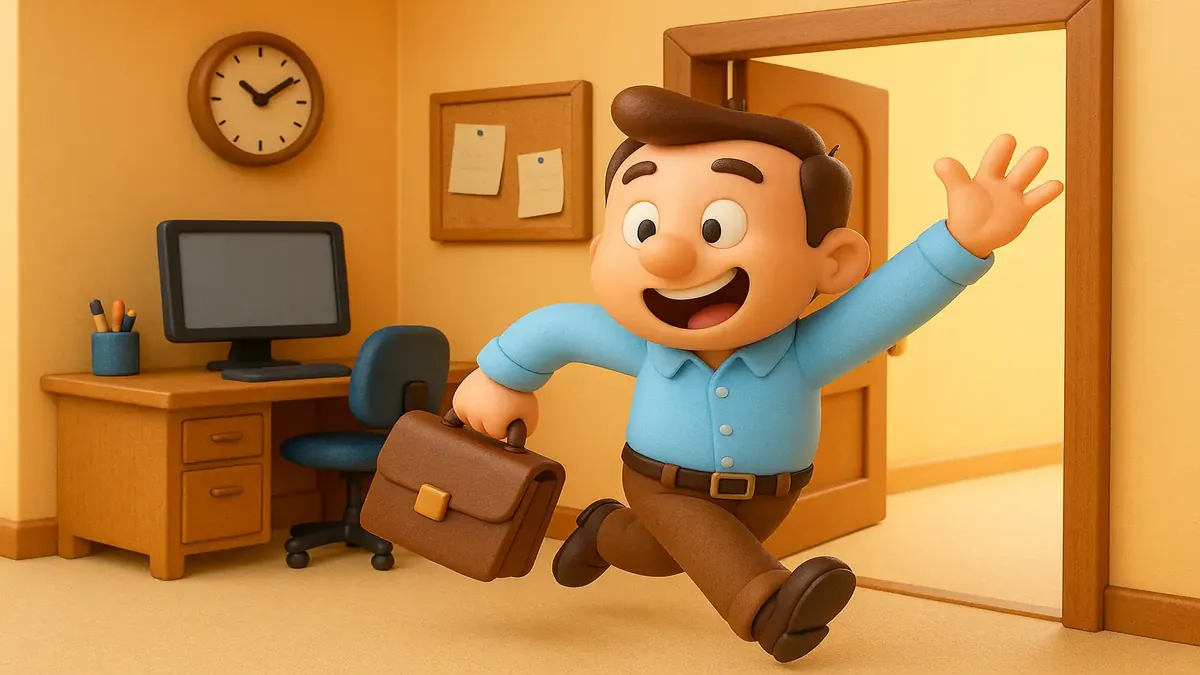 ओवरटाइम स्वीकृति के लिए जूझते हुए एक निराशित कार्यालय कर्मचारी की कार्टून-शैली की चित्रण।