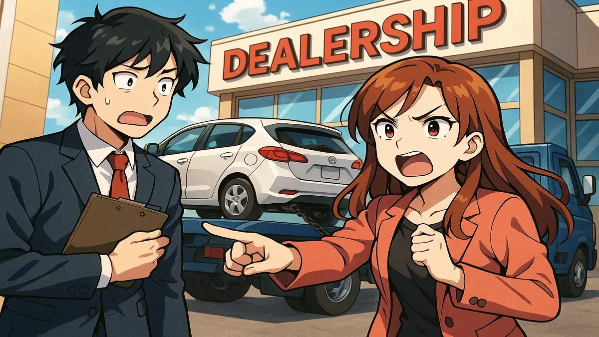 कार रिकवरी के बाद एक महिला का कार डीलरशिप का सामना करते हुए एनीमे चित्रण, उसकी कानूनी लड़ाई का प्रतीक।