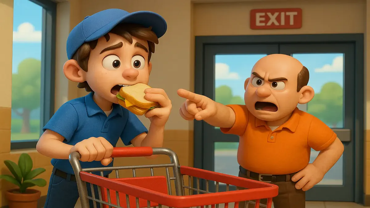 किशोरी केविन को खुदरा स्टोर के लॉबी में काम करते समय खाने के लिए निकाला गया।