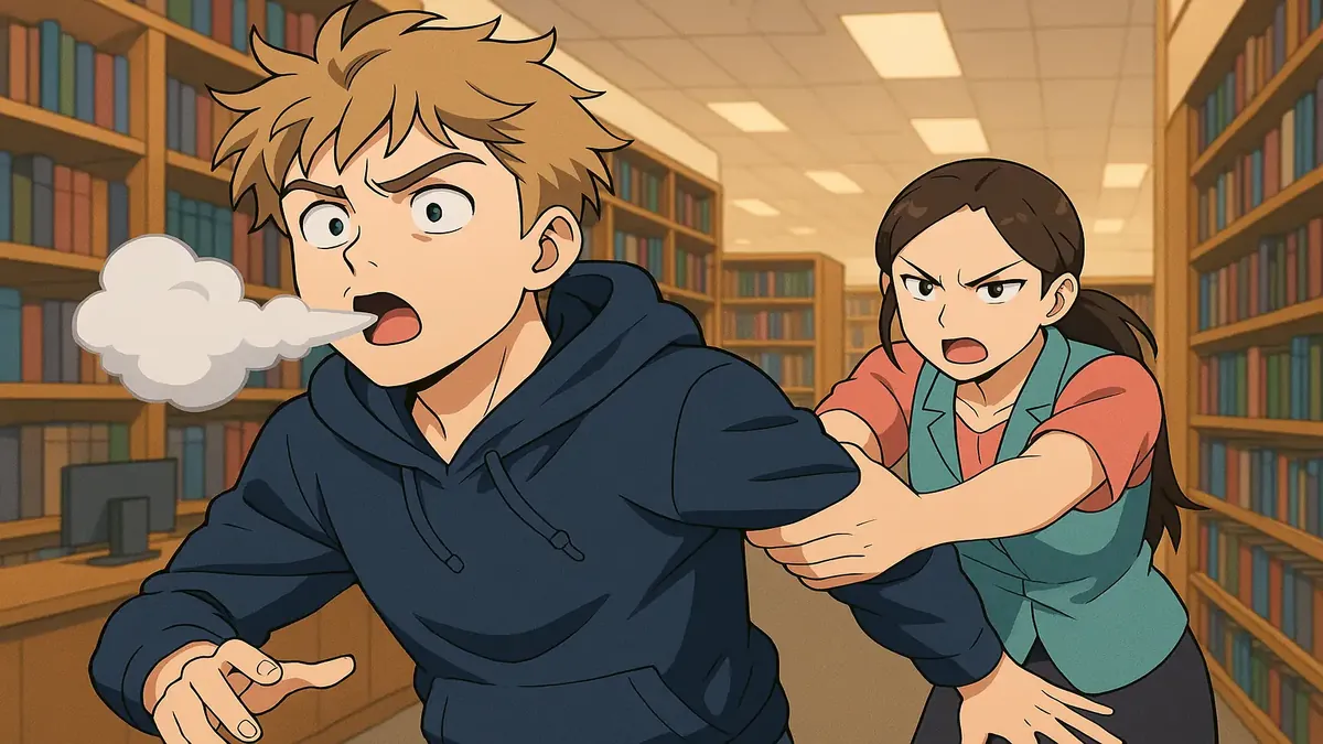 केविन को लाइब्रेरी से बाहर निकाले जाने का एनीमे चित्रण, शहर के सख्त नियमों को दर्शाते हुए।