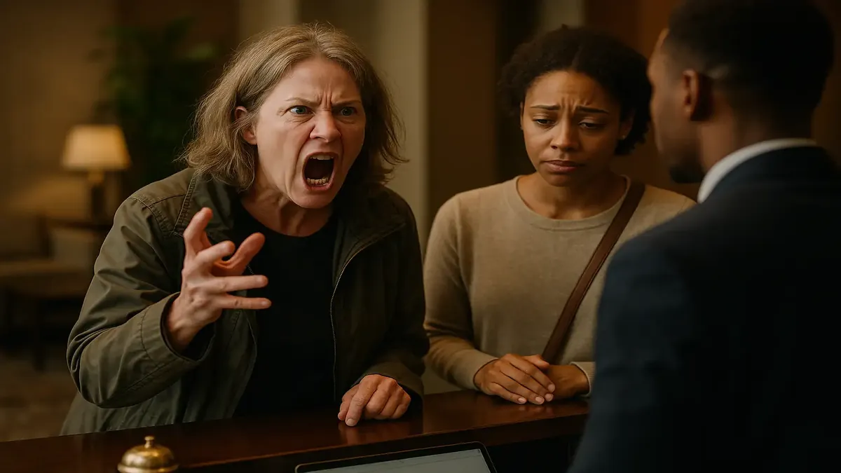 होटल लॉबी में खेद व्यक्त करता दोस्त, तनाव में साथी के साथ शिकागो में हलचल भरे ठहराव की उम्मीद कर रहा है।