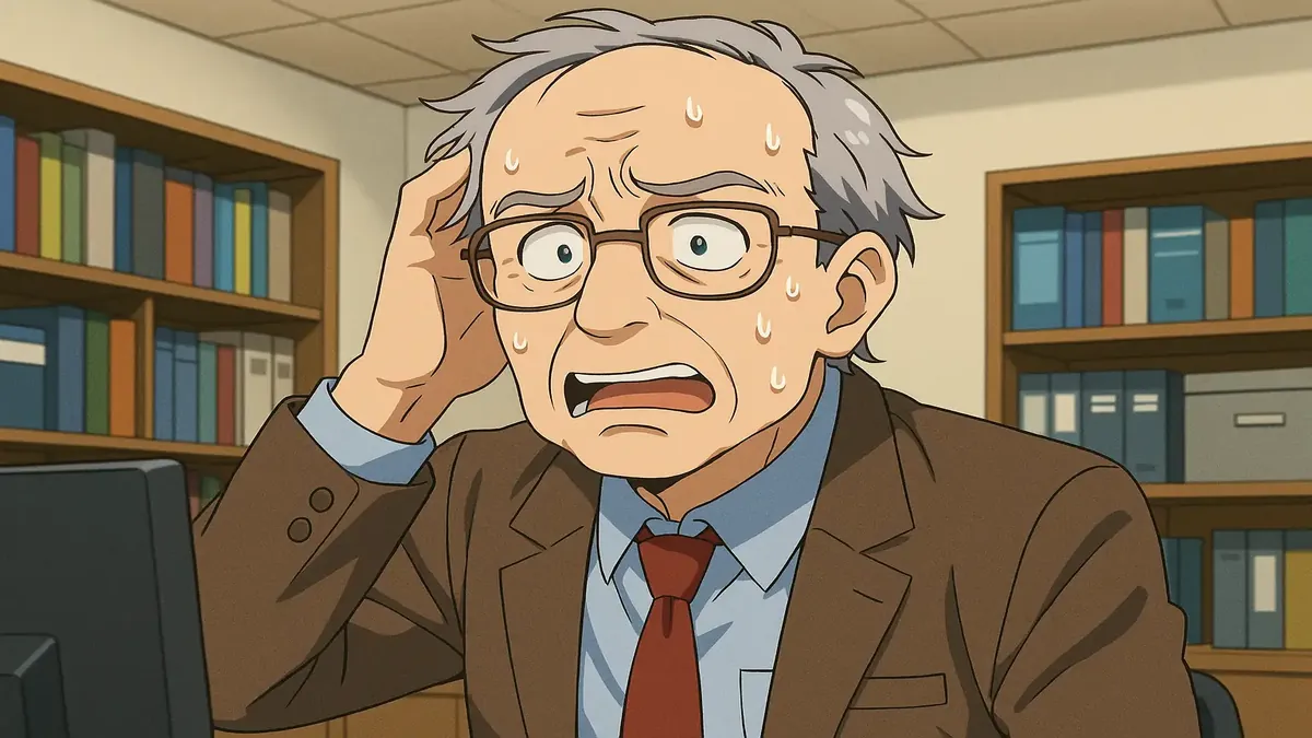 क्लिनिकल रिसर्च सेटिंग में भ्रमित दिख रहे, पीएचडी धारक बुजुर्ग आदमी की एनीमे चित्रण।