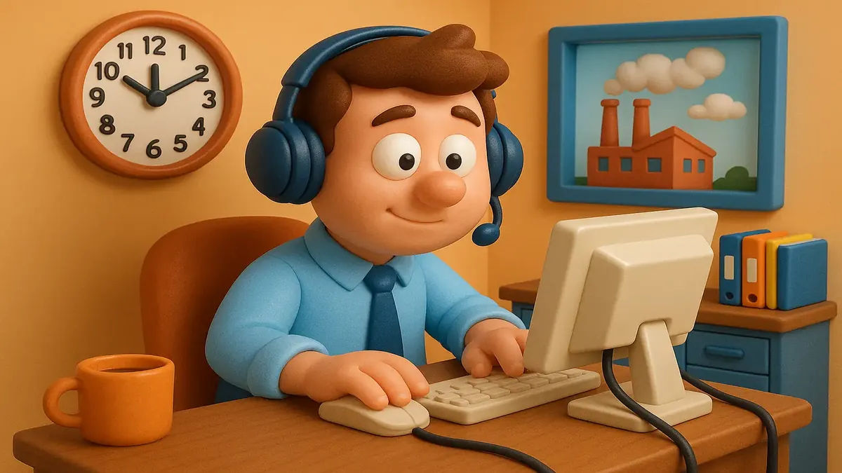 एक नेटवर्क समर्थन तकनीशियन की 3D कार्टून चित्रण, जो एक निर्माण संयंत्र के संचालन के लिए प्रणाली की निरंतरता सुनिश्चित कर रहा है।