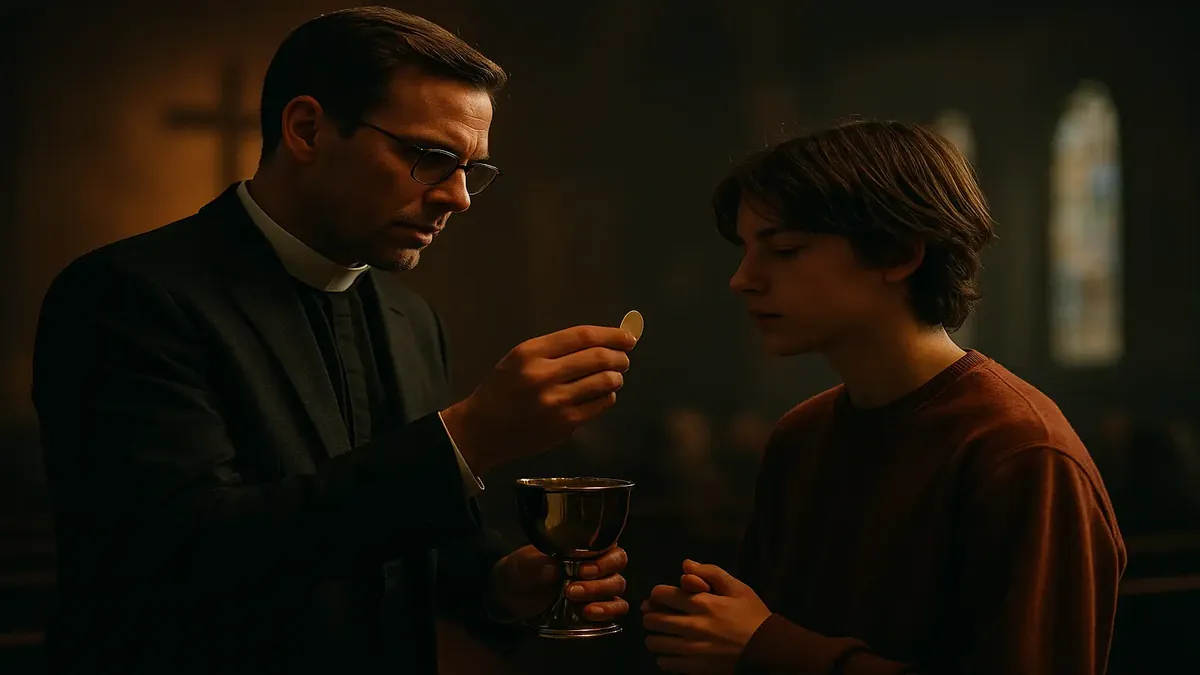 एक जॉर्जियाई चर्च में कम्यूनियन सेवा का नेतृत्व करते पादरी की सिनेमाई छवि।