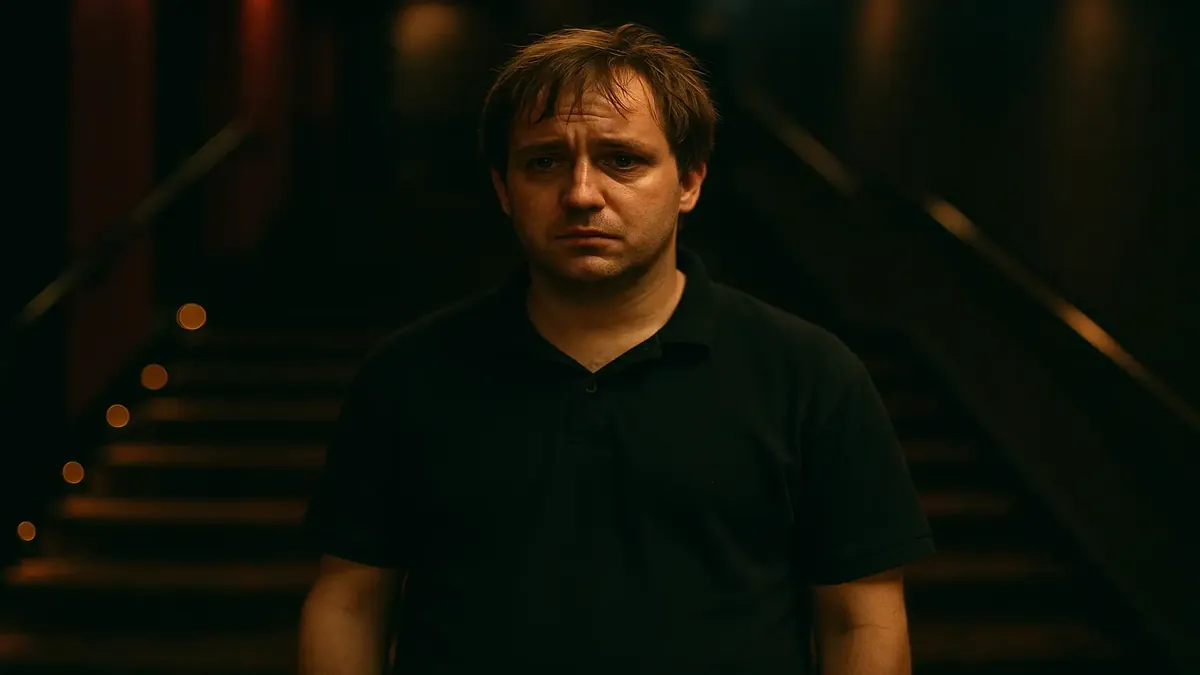 केविन सिनेमा हॉल में, पॉपकॉर्न से घिरा हुआ और सीढ़ियों पर गिरते हुए, एक हलचल भरा क्षण।