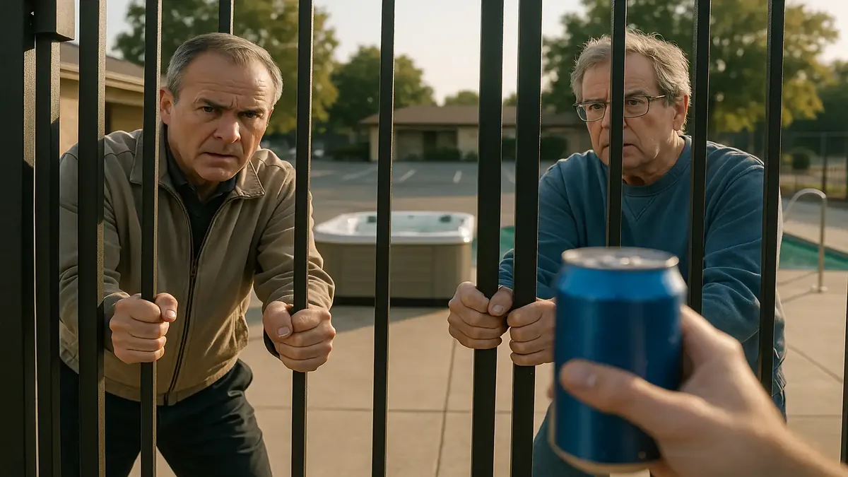 दो मेहमान एक गेट पर खींचते हुए, होटल के खुलने का समय इंतज़ार कर रहे हैं, पास में एक रेड बुल कैन है।