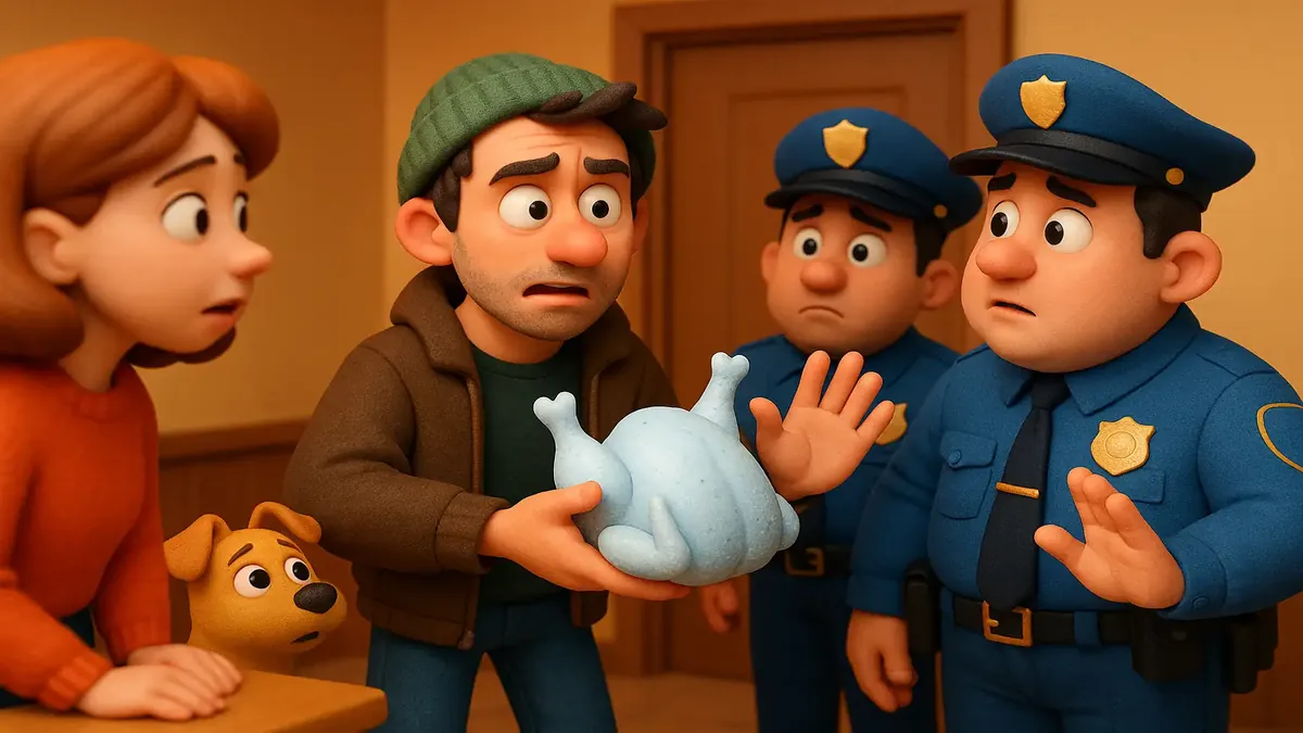 थैंक्सगिविंग से पहले, बर्फीले मुर्गे के साथ जेफ की कार्टून-3D चित्रण, हंसी और हलचल में घिरा।