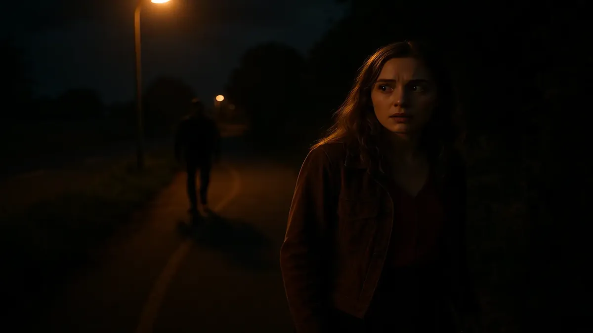 रात में पेड़ों और खेतों के बीच, एक मंद रोशनी वाले गाँव के रास्ते पर चलती महिला।