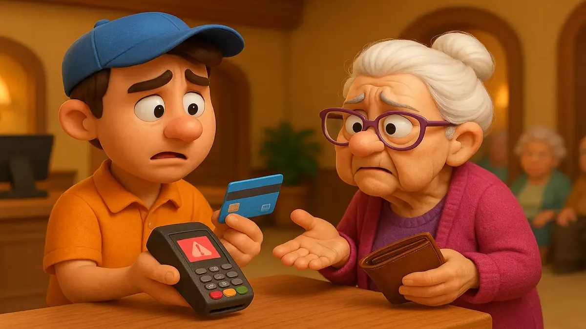 क्रेडिट कार्ड के साथ उलझन में पड़े व्यक्ति का कार्टून-3D चित्र, अप्रत्याशित भुगतान मुद्दों पर विचार करते हुए।