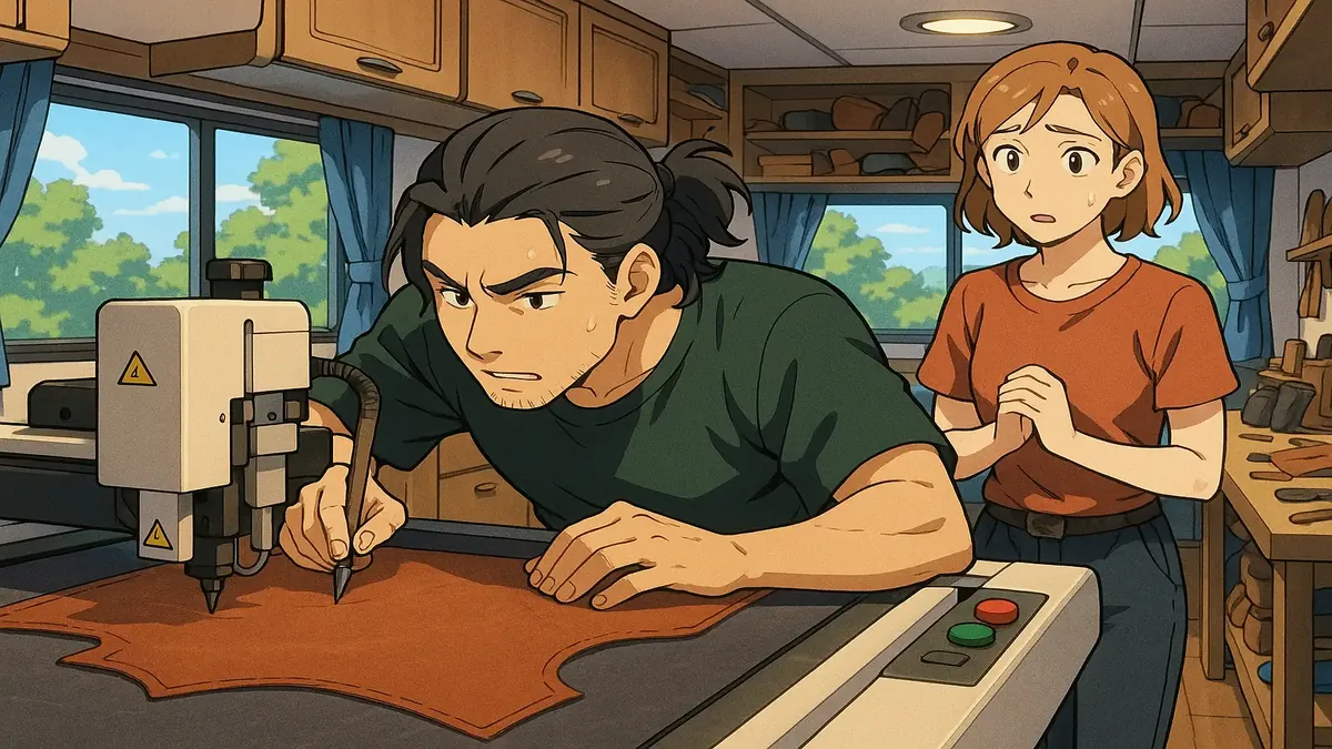 एक एनीमे-शैली की चित्रण जिसमें चमड़े के सामान के कारीगर एक पुनर्जागरण मेले में आरवी में काम कर रहे हैं।