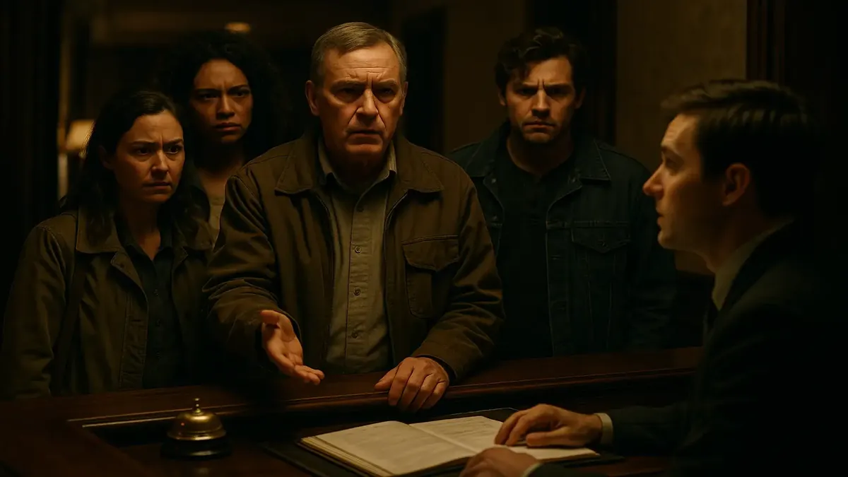 ऐतिहासिक होटल का सिनेमाई दृश्य, पुरानी फर्नीचर और उम्र के निशान दर्शाते हुए, इसकी लंबी इतिहास और हाल की नवीनीकरण को दर्शाता है।