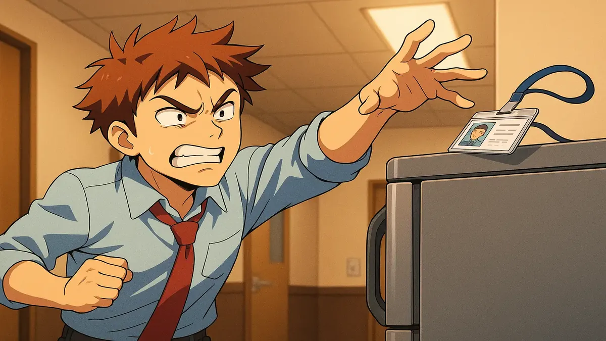 लंच ब्रेक के दौरान फ्रिज पर एक सहकर्मी का बैज पाकर निराश कार्यालय कर्मचारी का एनीमे चित्रण।