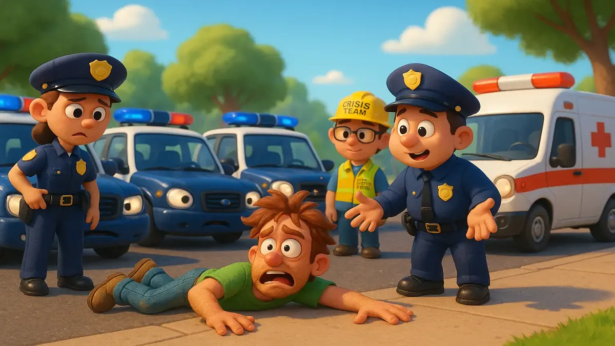 निर्माण स्थल पर छह पुलिस गाड़ियों, एक एंबुलेंस और एक संकट टीम के साथ अराजकता का कार्टून-3D दृश्य।