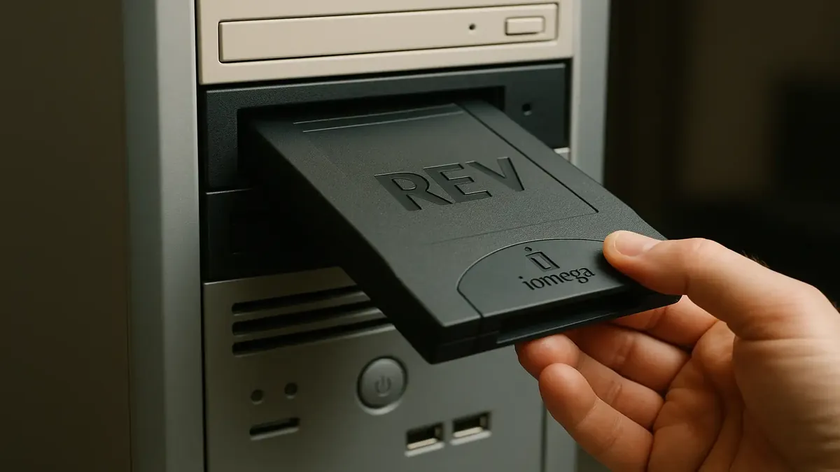 सर्वर पर Iomega REV ड्राइव का क्लोज-अप, इसके अद्वितीय डिज़ाइन और पुरानी तकनीक को प्रदर्शित करता है।