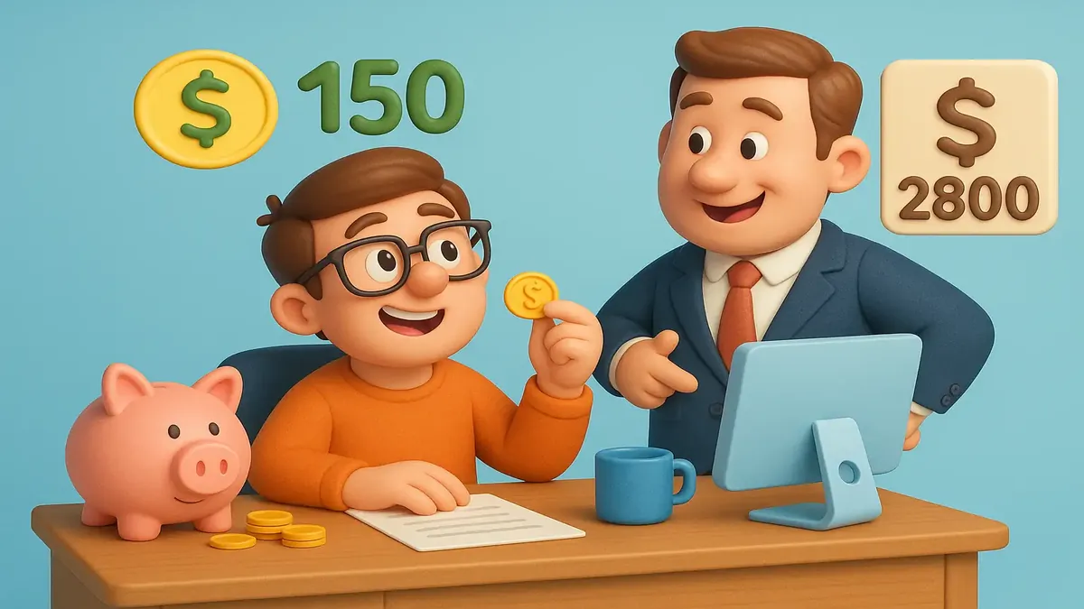 स्मार्ट ख़र्च और बजट के टिप्स के साथ पैसे बचाते एक पैरालीगल का कार्टून-3D चित्रण।