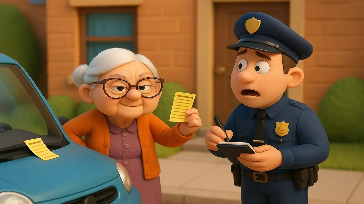 एक पुरानी महिला और उनके पति का कार्टून-3डी चित्र, जो टिकट के ऊपर एक मजेदार पड़ोसी विवाद को दर्शाता है।