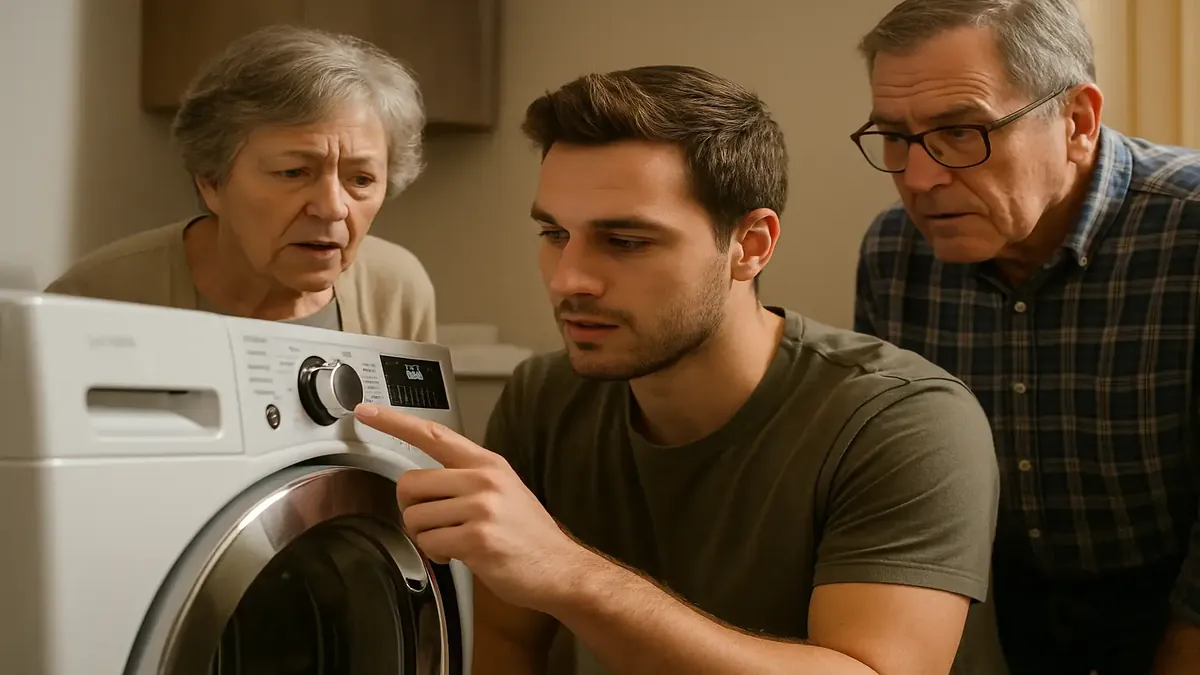 परिवार का तकनीकी समर्थन: आरामदायक घर में ड्रायर की समस्या का हल करते हुए।