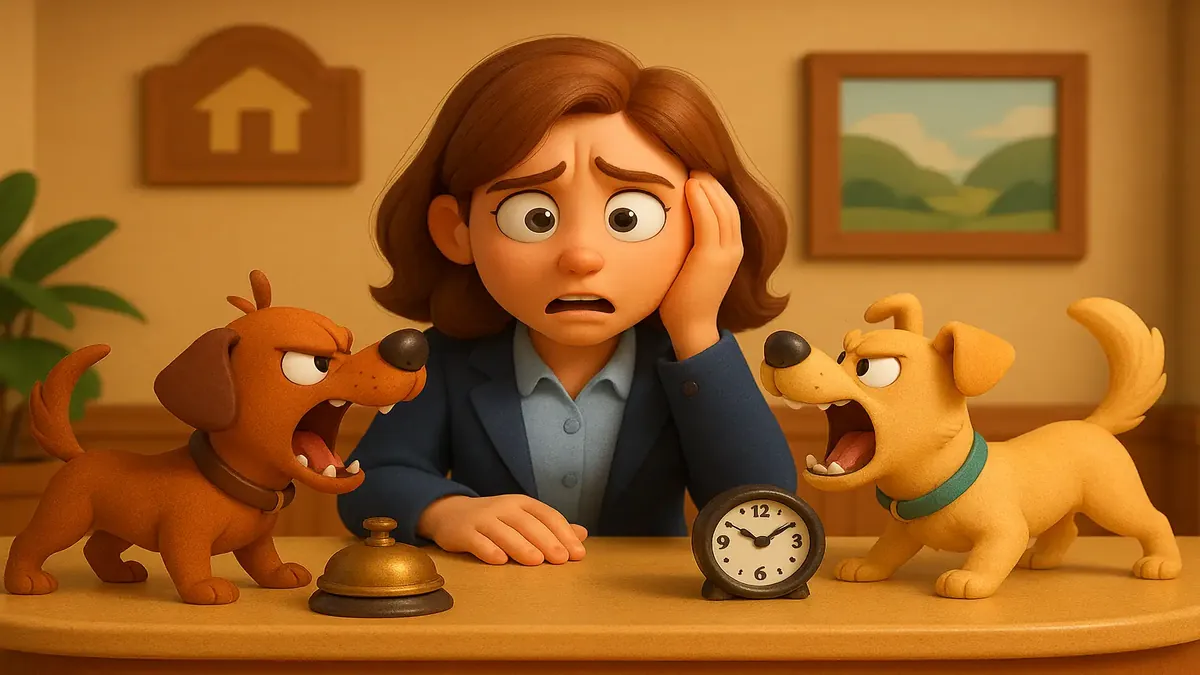 पालतू जानवरों के लिए अनुकूल होटल के रिसेप्शन की कार्टून शैली की चित्रण, जहाँ भौंकते कुत्ते और उनके मालिक व्यस्त हैं।