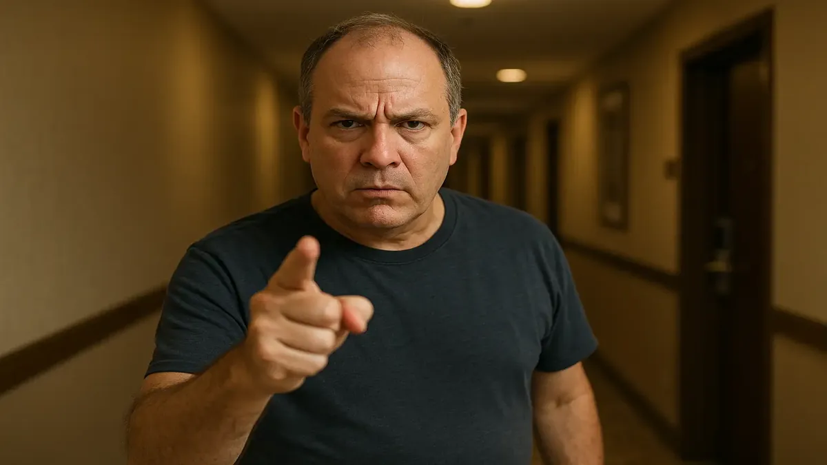 होटल के रिसेप्शन पर चिंता में डूबा कर्मचारी मेहमान के साथ ADA अनुपालन के मुद्दों पर चर्चा कर रहा है।