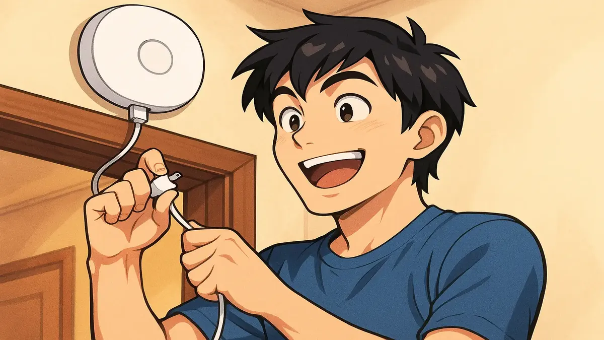 घर के आरामदायक माहौल में वायरलेस एक्सेस समस्याओं को हल करते आईटी पेशेवरों की एनीमे चित्रण।