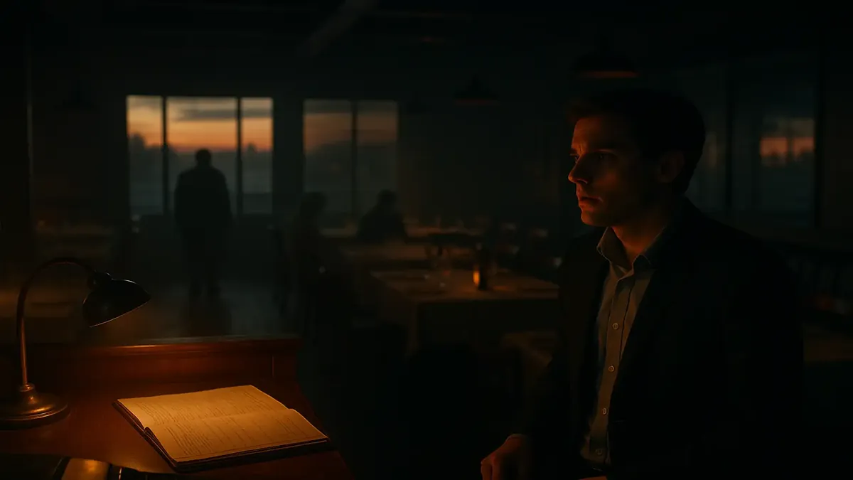 मंद रोशनी वाले रेस्त्रां में रात की ऑडिट शिफ्ट, भूतिया माहौल और रहस्यमय वातावरण को दर्शाते हुए।