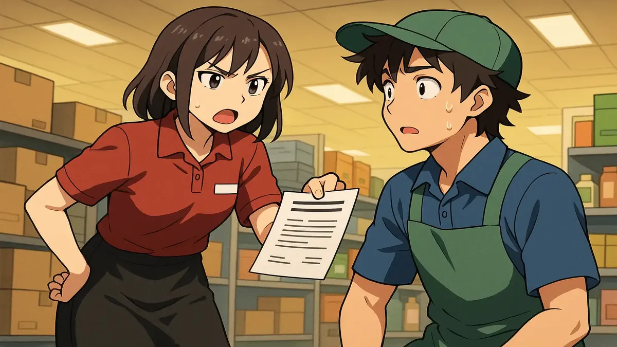 काम के माहौल में एक व्यक्ति की एनीमे चित्रण, पीठ की चोट के ठीक होने के लिए फिट नोट के साथ।