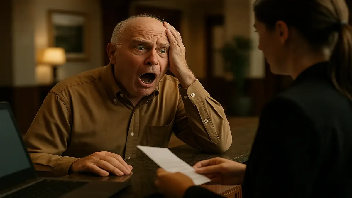 होटल दरों में वृद्धि पर चौंके हुए मेहमान की प्रतिक्रिया, आतिथ्य उद्योग में बढ़ती लागत को दर्शाती है।