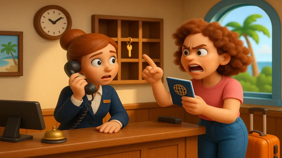 तनावग्रस्त होटल रिसेप्शनिस्ट जो मेहमान के पासपोर्ट समस्या का सामना कर रहा है, का कार्टून-3D चित्रण।