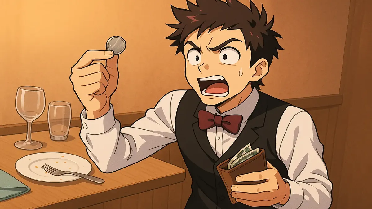 एक एनीमे चित्रण जिसमें एक सर्वर खराब टिप मिलने पर निराश दिखाई दे रहा है, जबकि उसने शानदार सेवा दी थी।