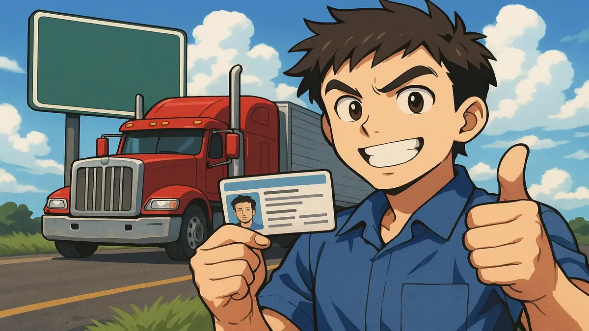 एनिमे-शैली की चित्रण जिसमें एक ट्रक चालक गर्व से वाणिज्यिक ड्राइवर का लाइसेंस (CDL) लिए खड़ा है।