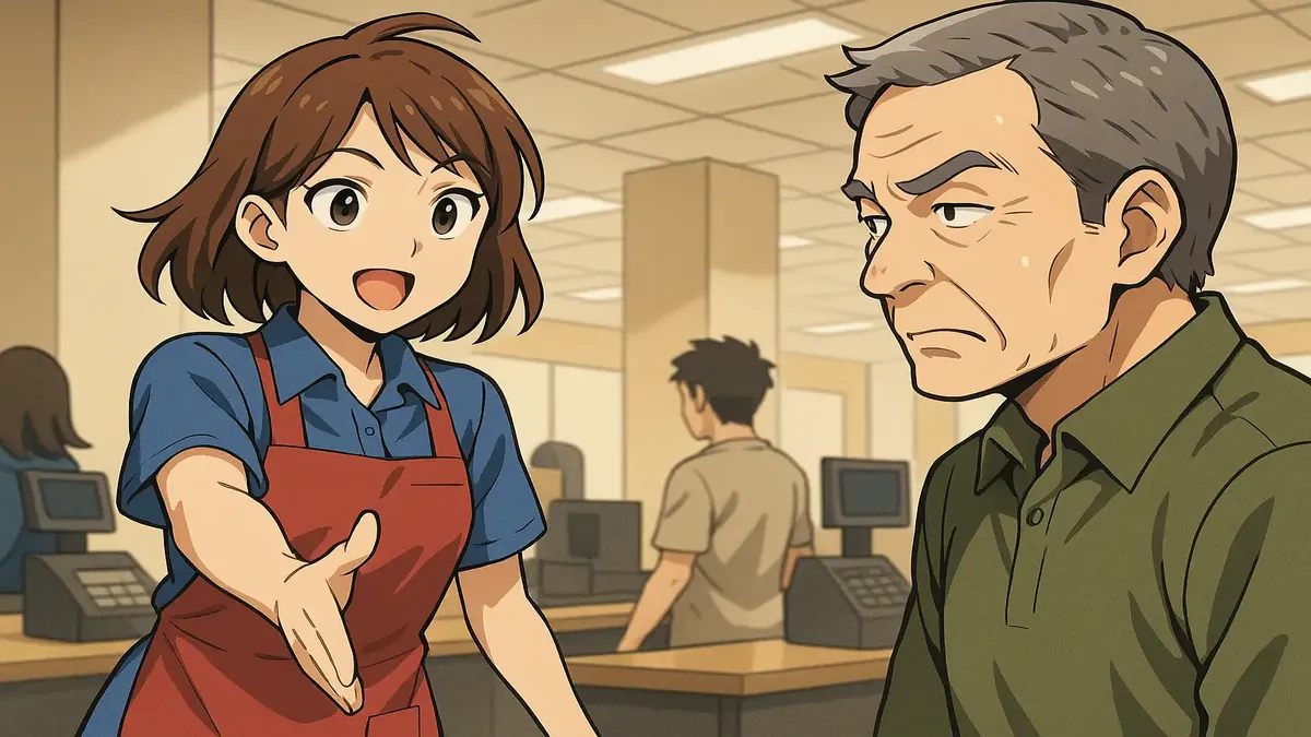 व्यस्त कैश रजिस्टर दृश्य का एनीमे चित्रण, जिसमें एक महिला ग्राहकों की नई लाइन की ओर इशारा कर रही है।