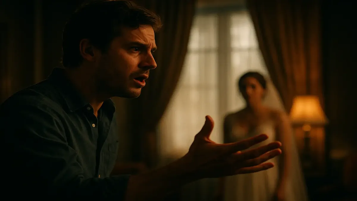 शादी के कमरे की आरक्षण की अराजकता का सिनेमाई दृश्य, अप्रत्याशित समस्याओं और गलतफहमियों का प्रतीक।